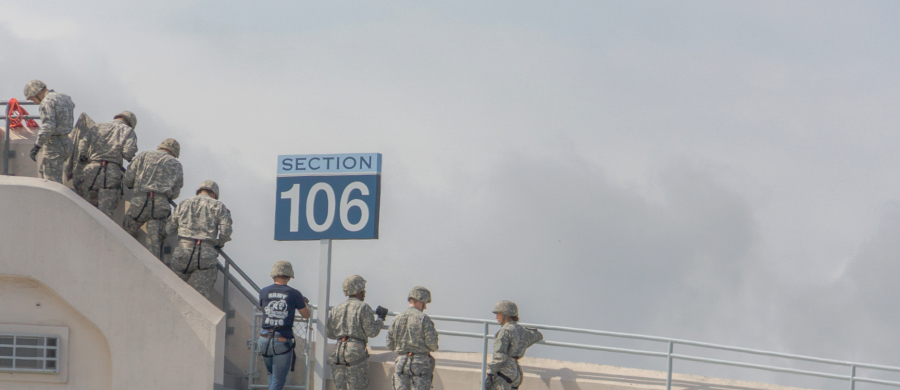 Vogue Italia, ODU, Old Dominion University, ROTC, Ainslie, Ainslie Football Stadium, rappelling, rappel, Army, Army ROTC, training, cadet, Army cadet, army cadet training, Norfolk, Norfolk Virginia, Virginia, training exercise, University, Vogue, clouds, overcast, bleachers, sky