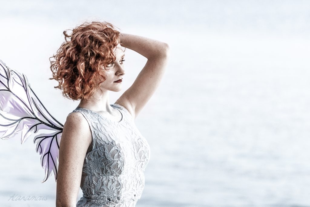 Maddy Salyers, redhead, red head, wings, cosplay, fairy, model, female, woman, portrait, curls, Madeline Salyers, Madeline, Norfolk, Virginia, Norfolk Virginia, water, beauty, fantasy, fashion, glamour